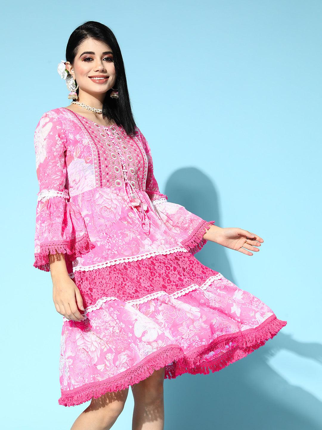 Women's Cotton Blend Pink Embroidered A-Line Dress - Ishin - Indiakreations