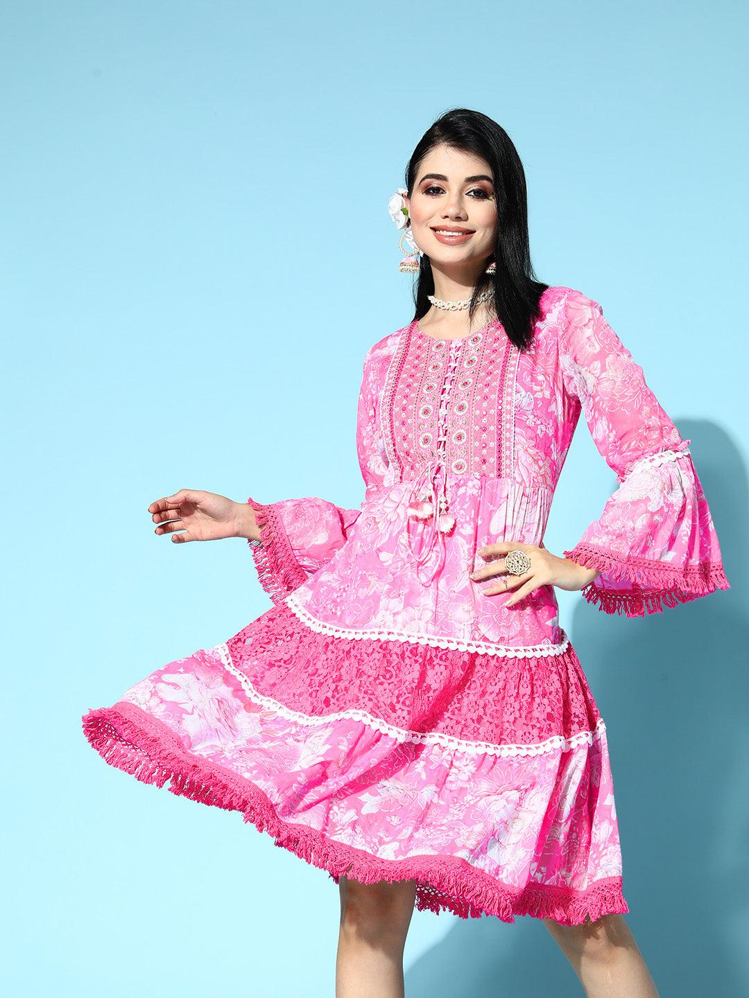 Women's Cotton Blend Pink Embroidered A-Line Dress - Ishin - Indiakreations