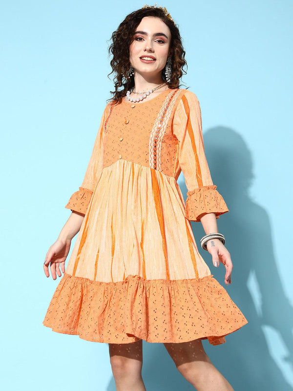 Women's Cotton Orange Lurex Embellished A-Line Dress - Ishin - Indiakreations