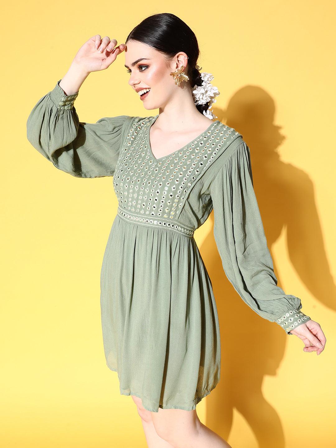 Women's Rayon Green Embellished A-Line Dress - Ishin - Indiakreations