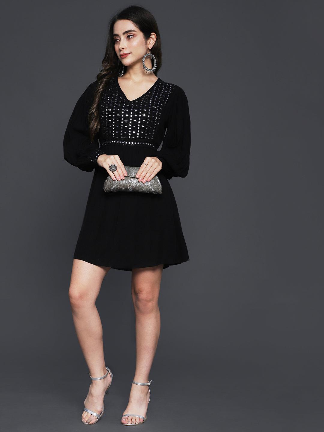 Women's Rayon Black Embellished A-Line Dress - Ishin - Indiakreations