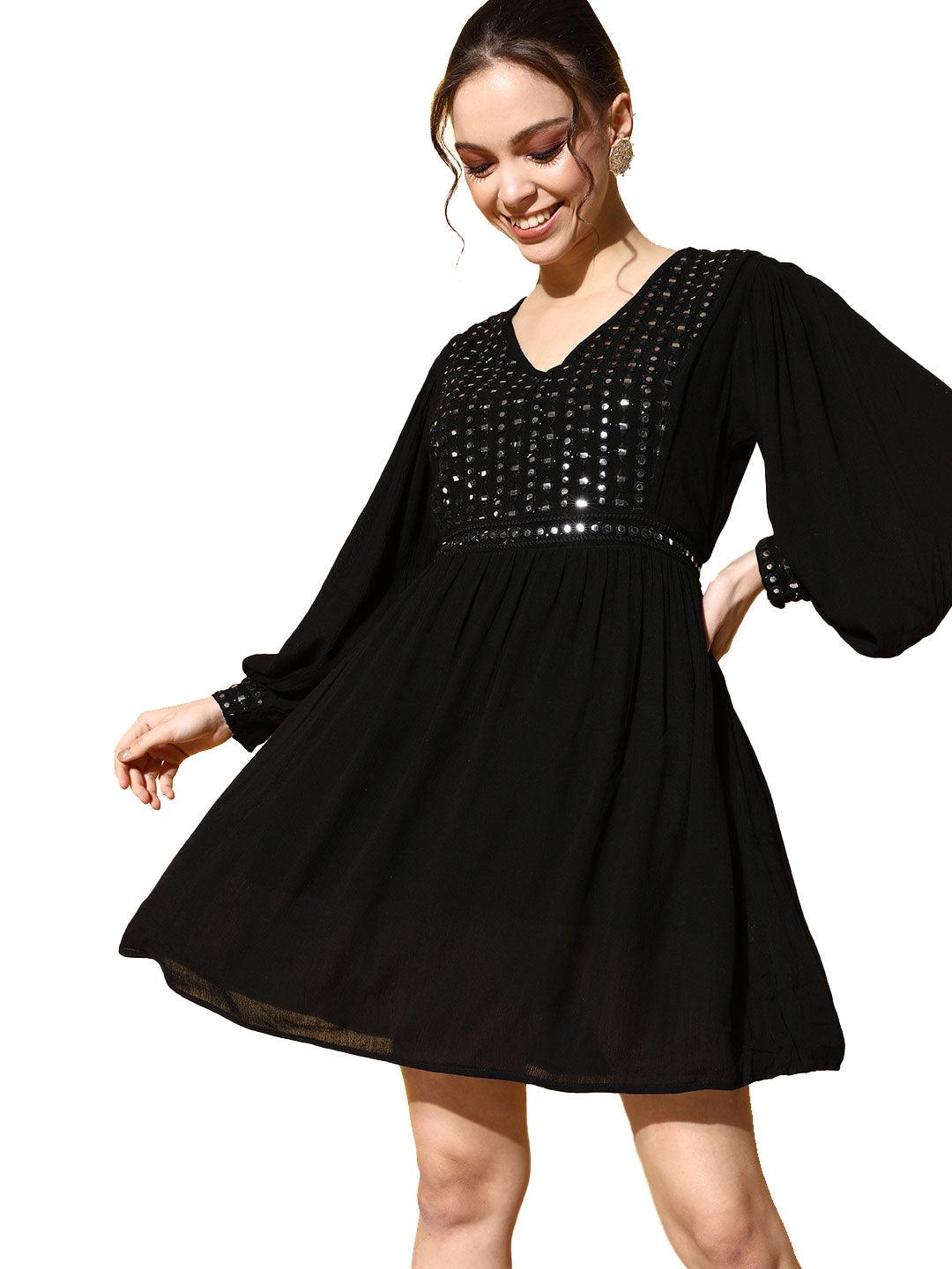 Women's Rayon Black Embellished A-Line Dress - Ishin - Indiakreations