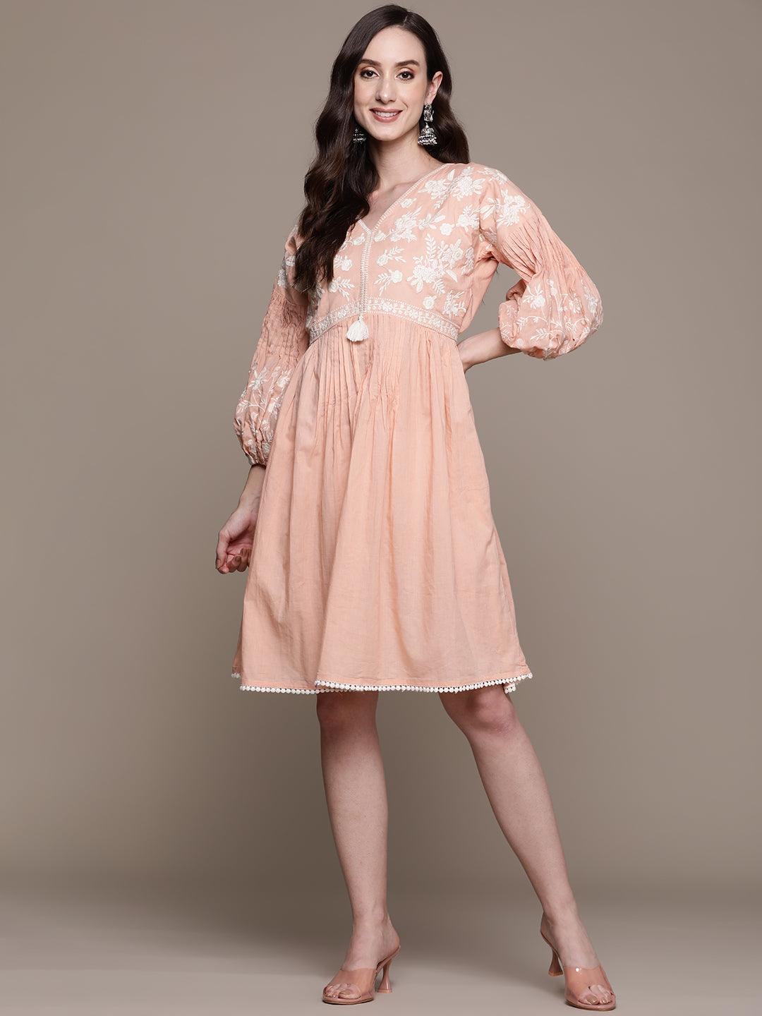 Women's Cotton Peach Embroidered A-Line Dress - Ishin - Indiakreations