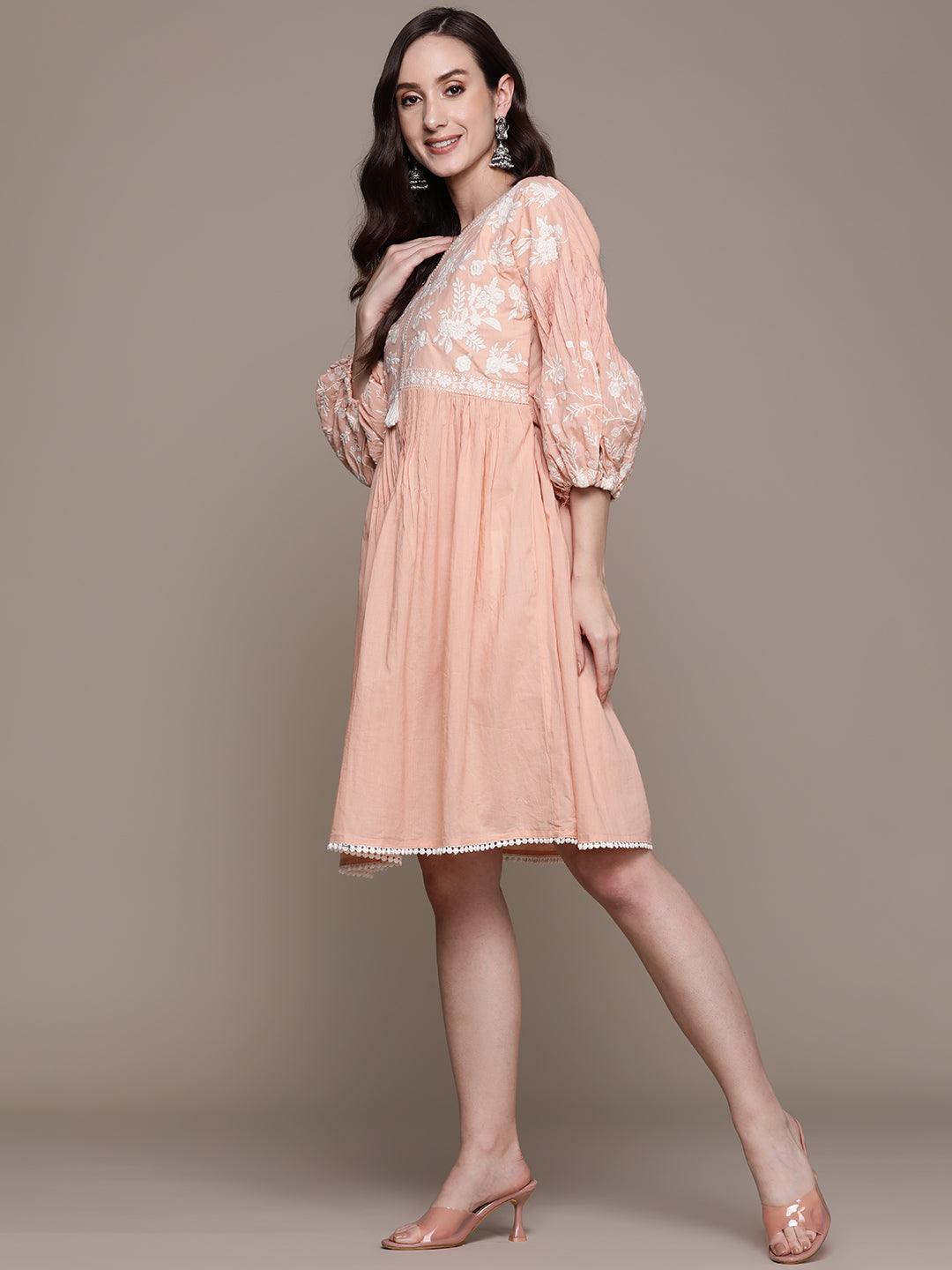 Women's Cotton Peach Embroidered A-Line Dress - Ishin - Indiakreations