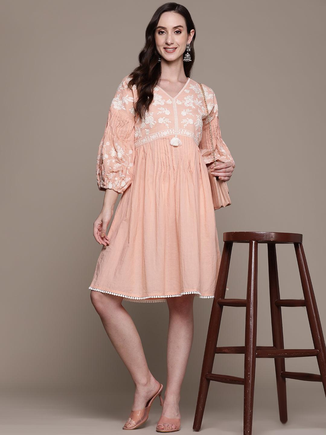 Women's Cotton Peach Embroidered A-Line Dress - Ishin - Indiakreations