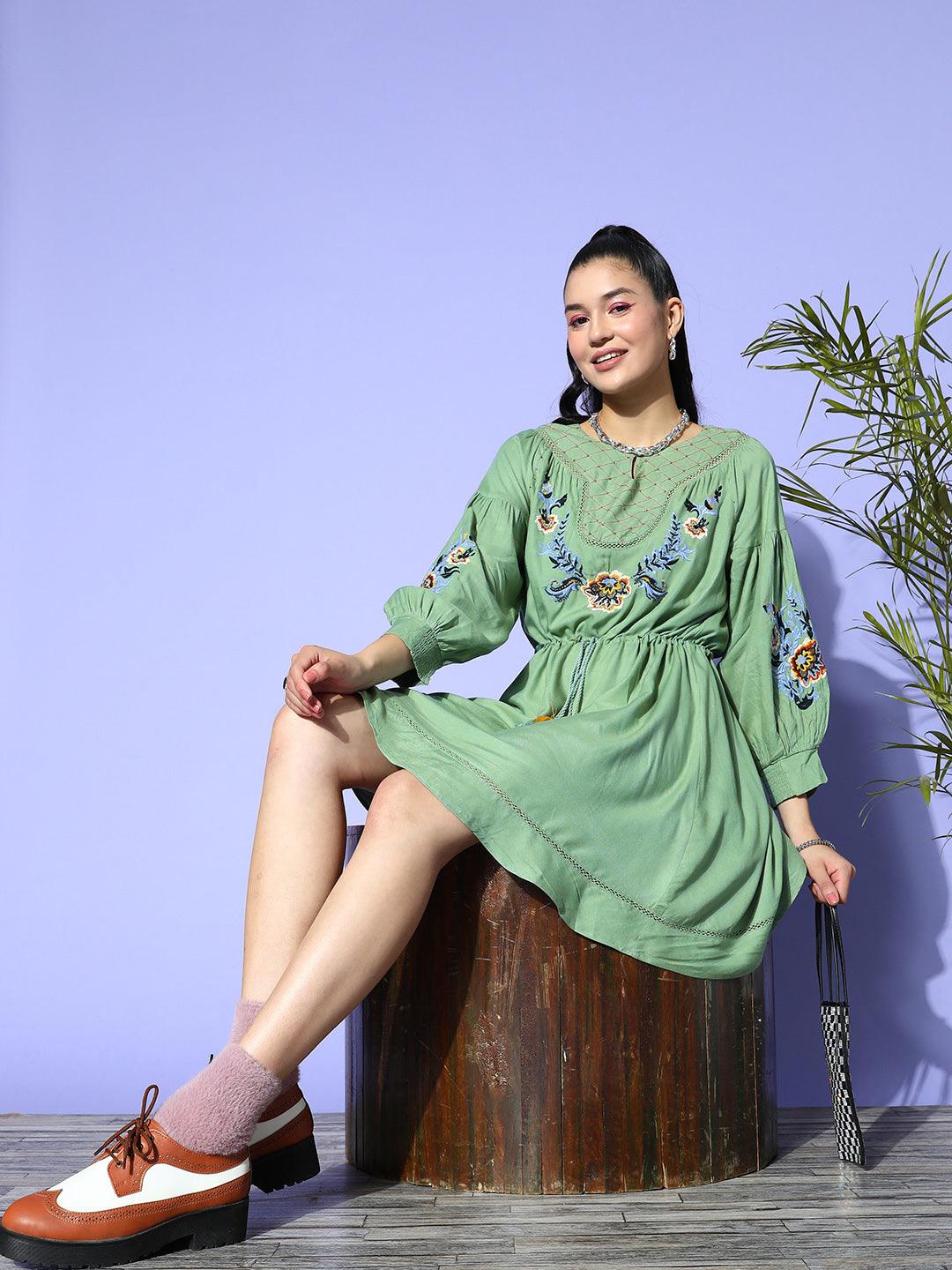 Women's Cotton Green Embroidered A-Line Dress - Ishin - Indiakreations