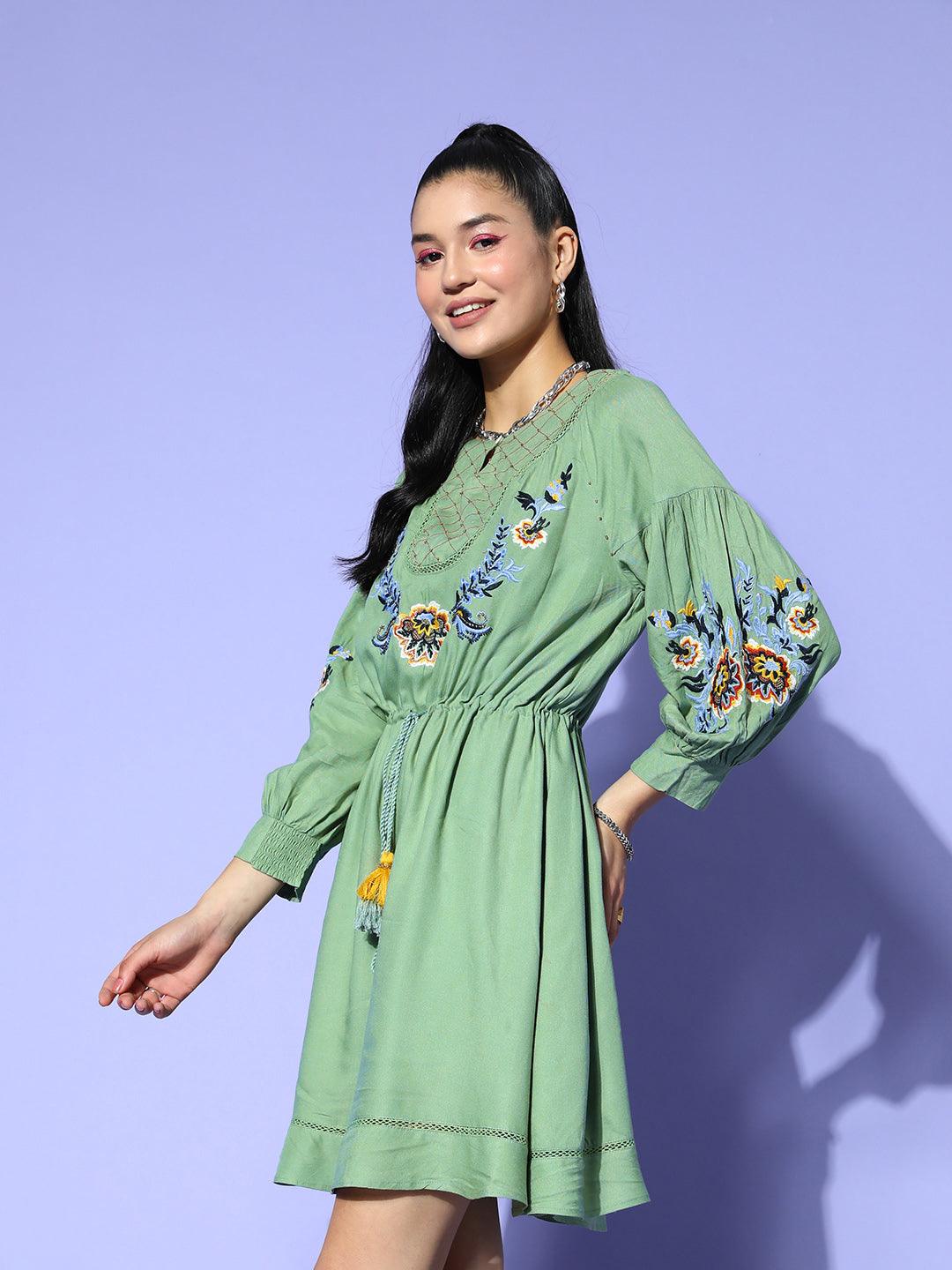 Women's Cotton Green Embroidered A-Line Dress - Ishin - Indiakreations