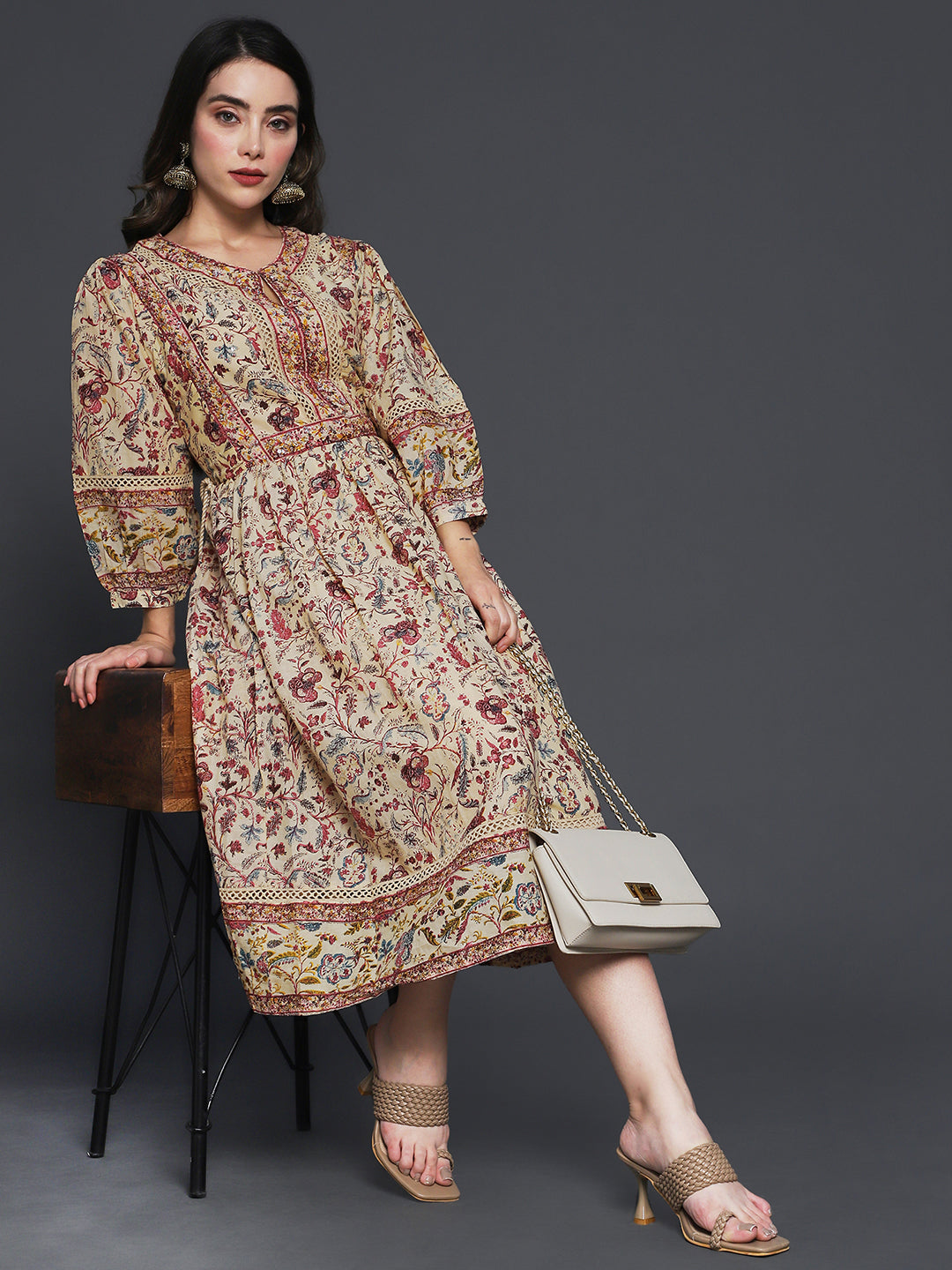 Women's Cotton Beige Printed A-Line Dress - Ishin