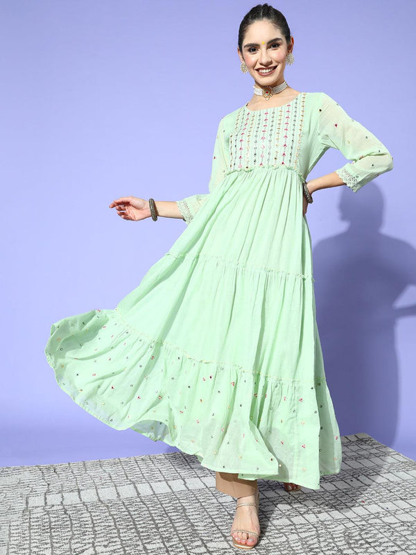 Women's Green Embellished Anarkali Kurta - Ishin - Indiakreations