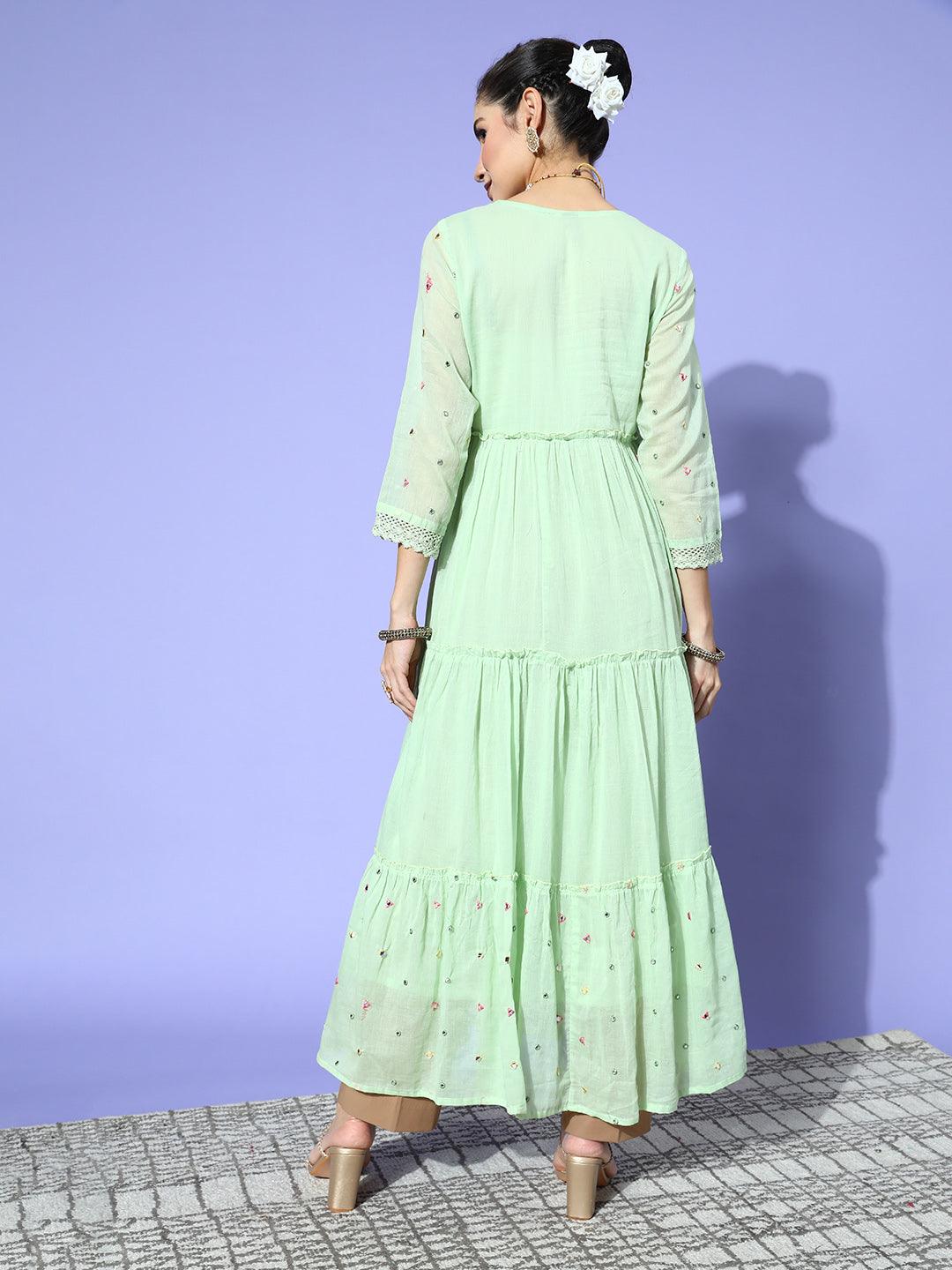 Women's Green Embellished Anarkali Kurta - Ishin - Indiakreations