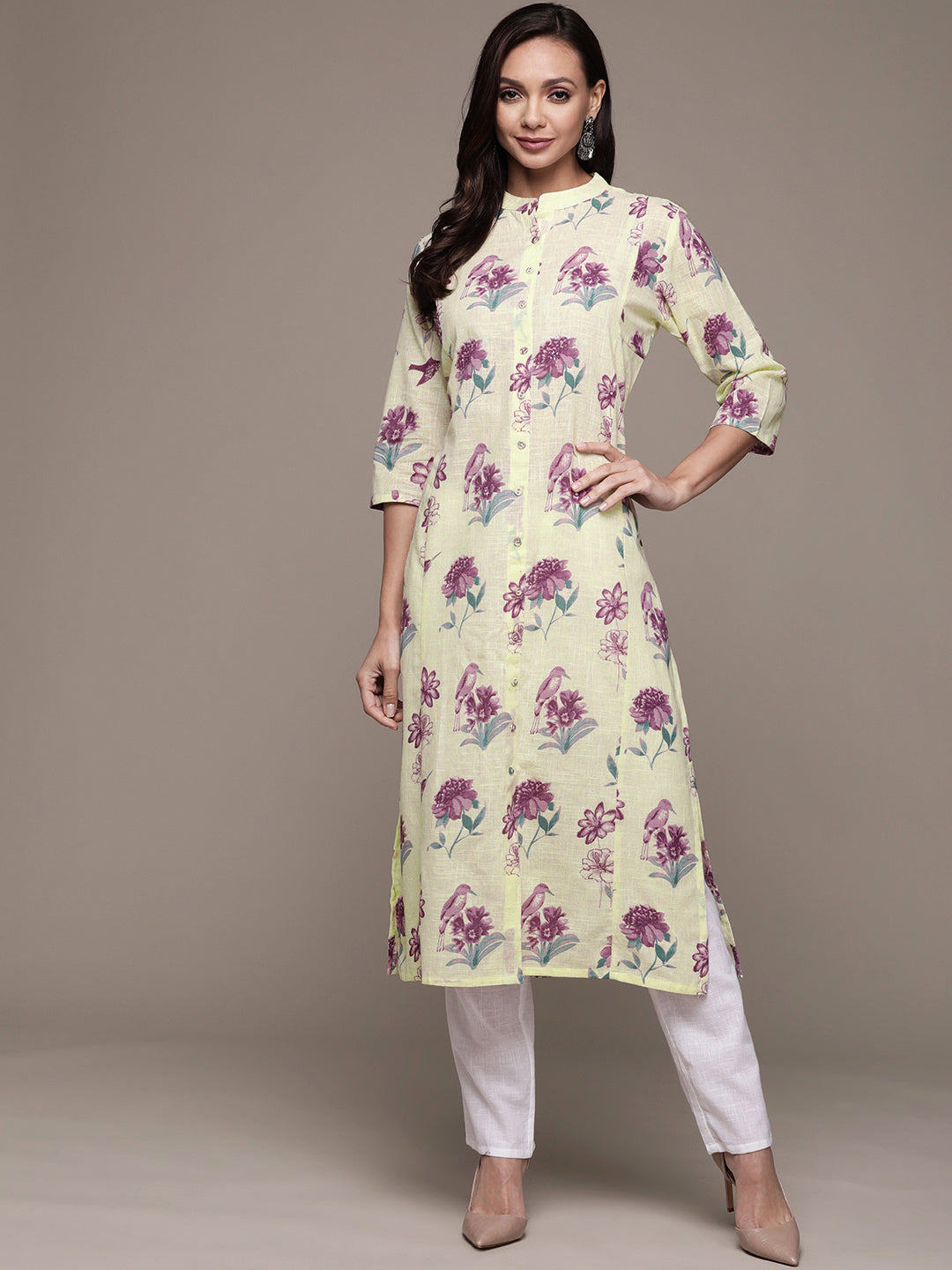 Women's Cotton Cream Embellished A-Line Kurta - Ishin