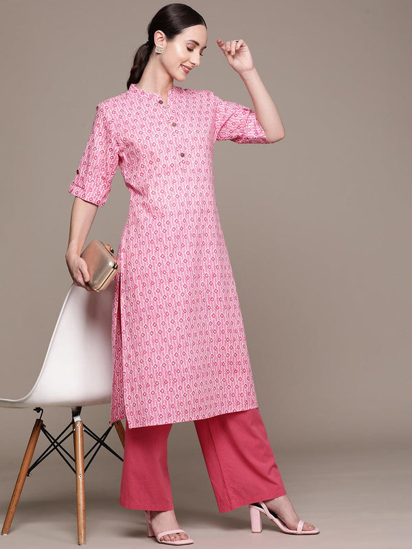 Women's Cotton Blend Pink Printed A-Line Kurta - Ishin - Indiakreations