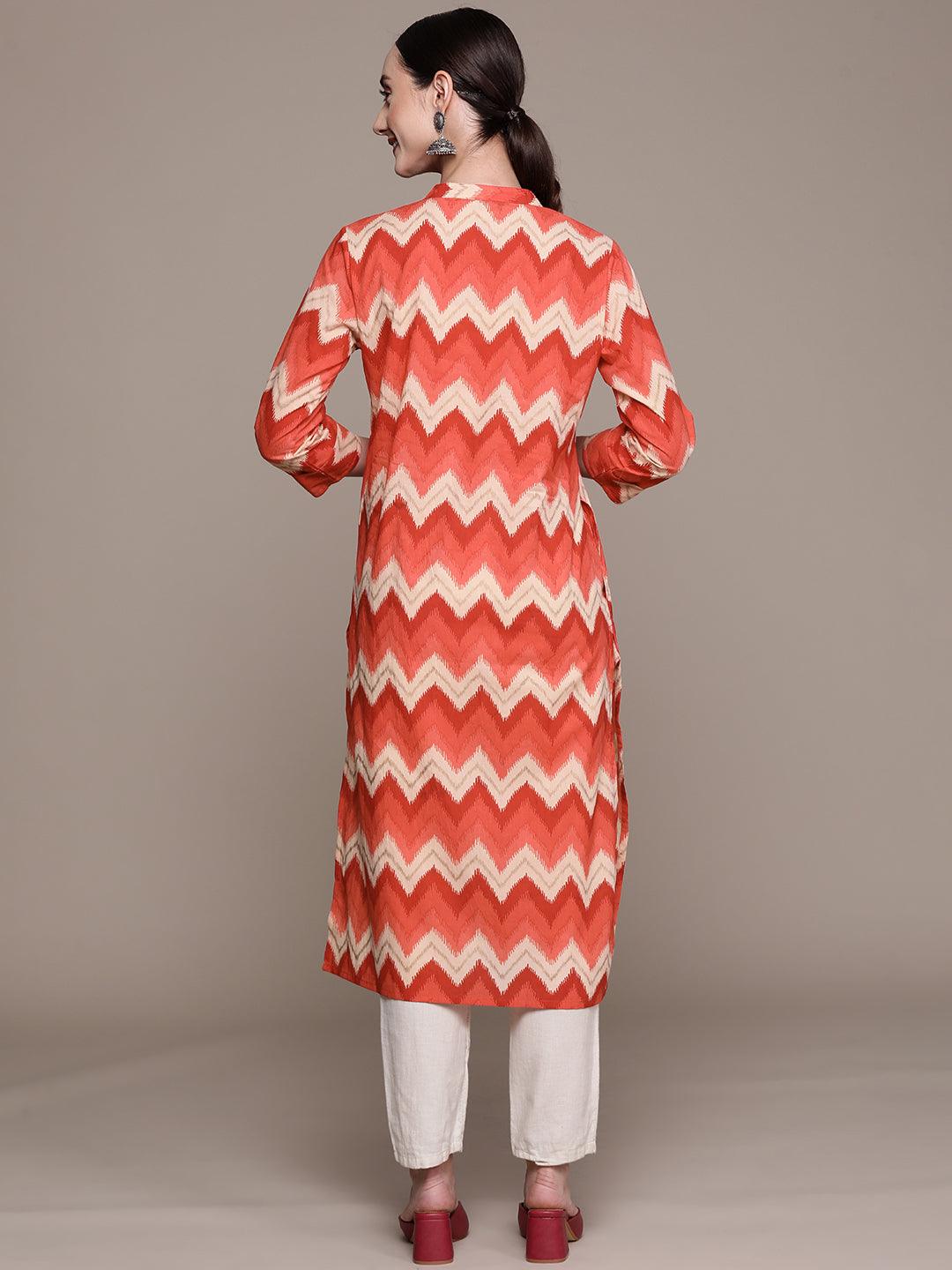 Women's Cotton Blend Red & Beige Chevron Printed A-Line Kurta - Ishin - Indiakreations