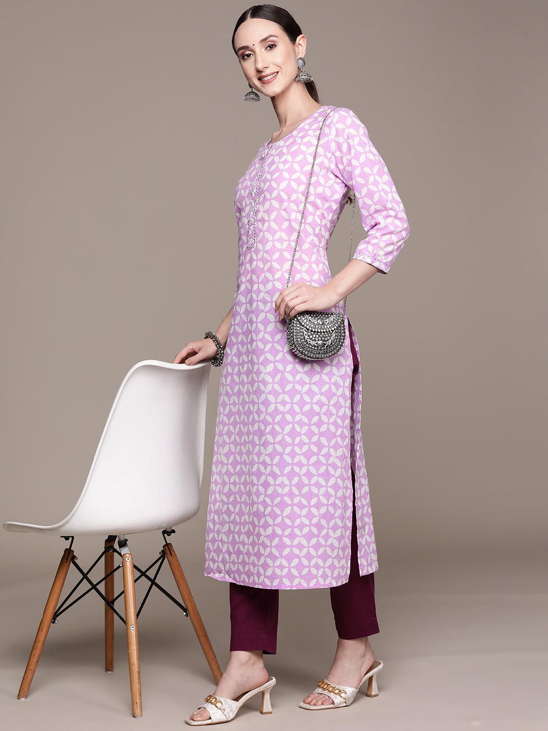 Women's Cotton Blend Lavender Printed A-Line Kurta - Ishin - Indiakreations