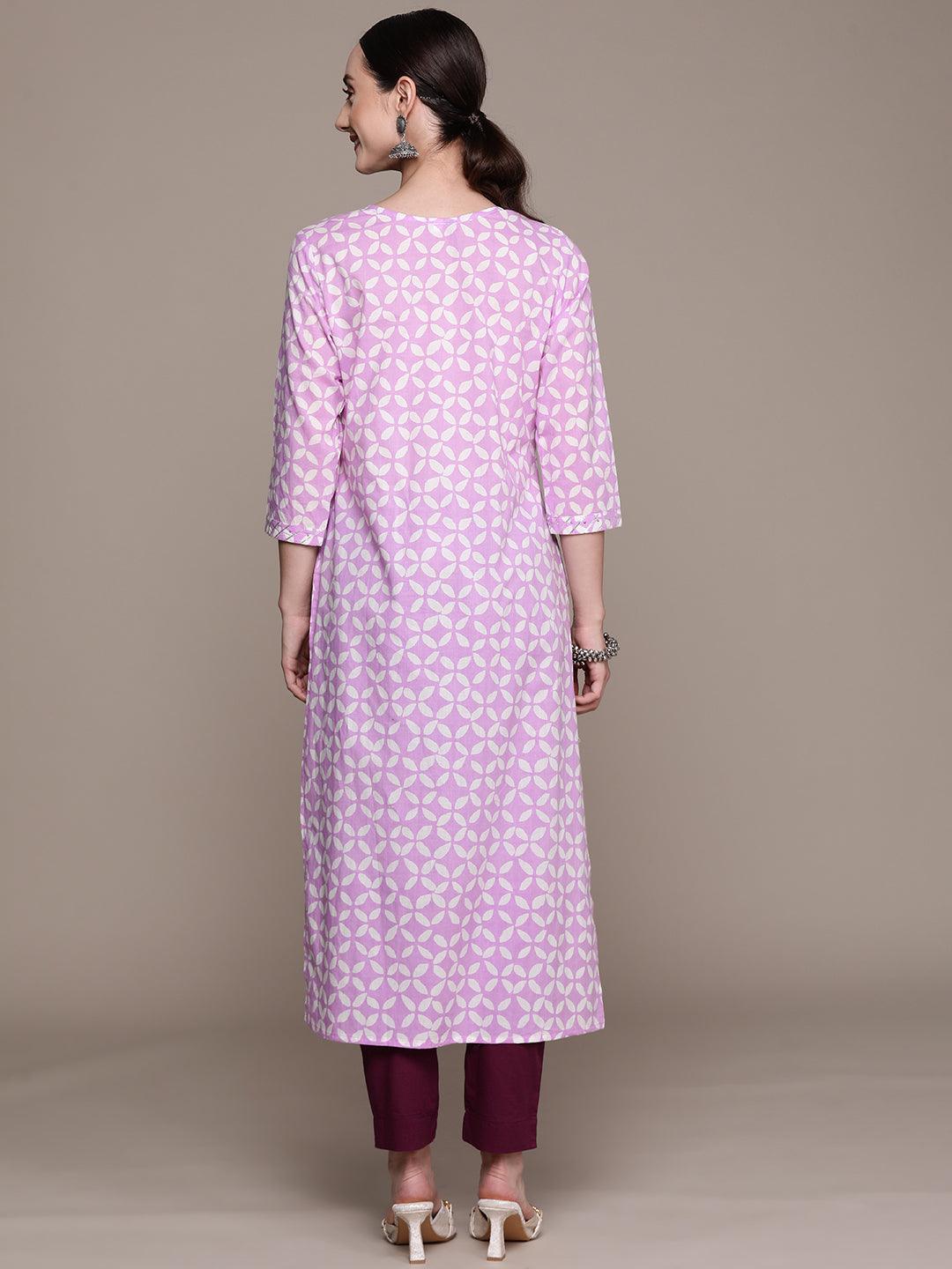 Women's Cotton Blend Lavender Printed A-Line Kurta - Ishin - Indiakreations