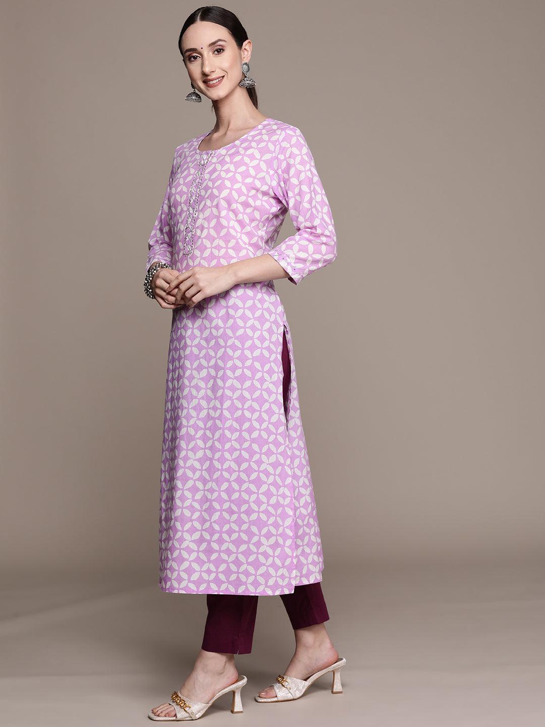 Women's Cotton Blend Lavender Printed A-Line Kurta - Ishin - Indiakreations