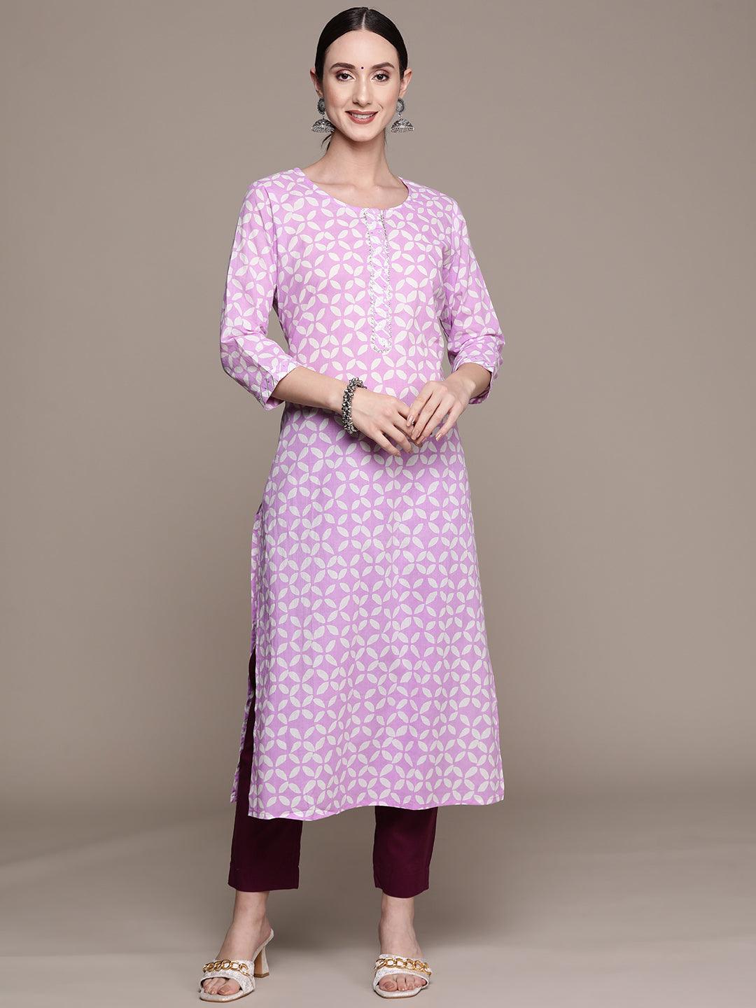 Women's Cotton Blend Lavender Printed A-Line Kurta - Ishin - Indiakreations