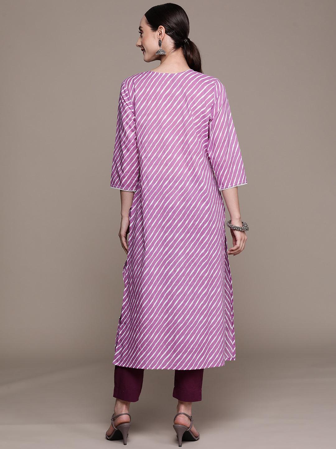 Women's Cotton Blend Purple Leheriya Printed A-Line Kurta - Ishin - Indiakreations