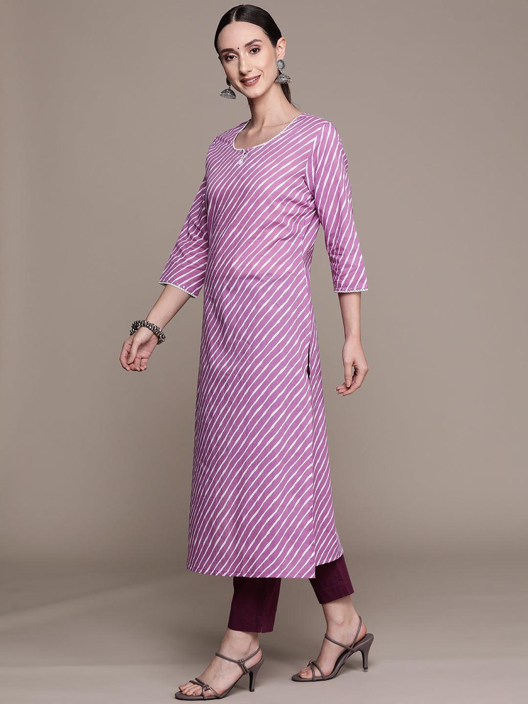 Women's Cotton Blend Purple Leheriya Printed A-Line Kurta - Ishin - Indiakreations