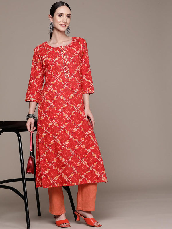 Women's Cotton Blend Red Bandhani Printed A-Line Kurta - Ishin - Indiakreations