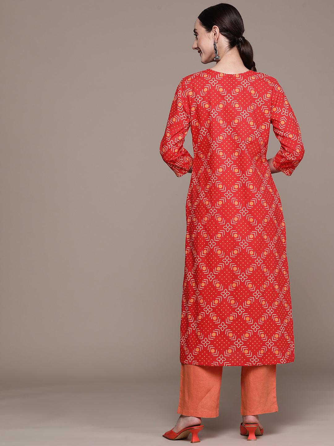 Women's Cotton Blend Red Bandhani Printed A-Line Kurta - Ishin - Indiakreations