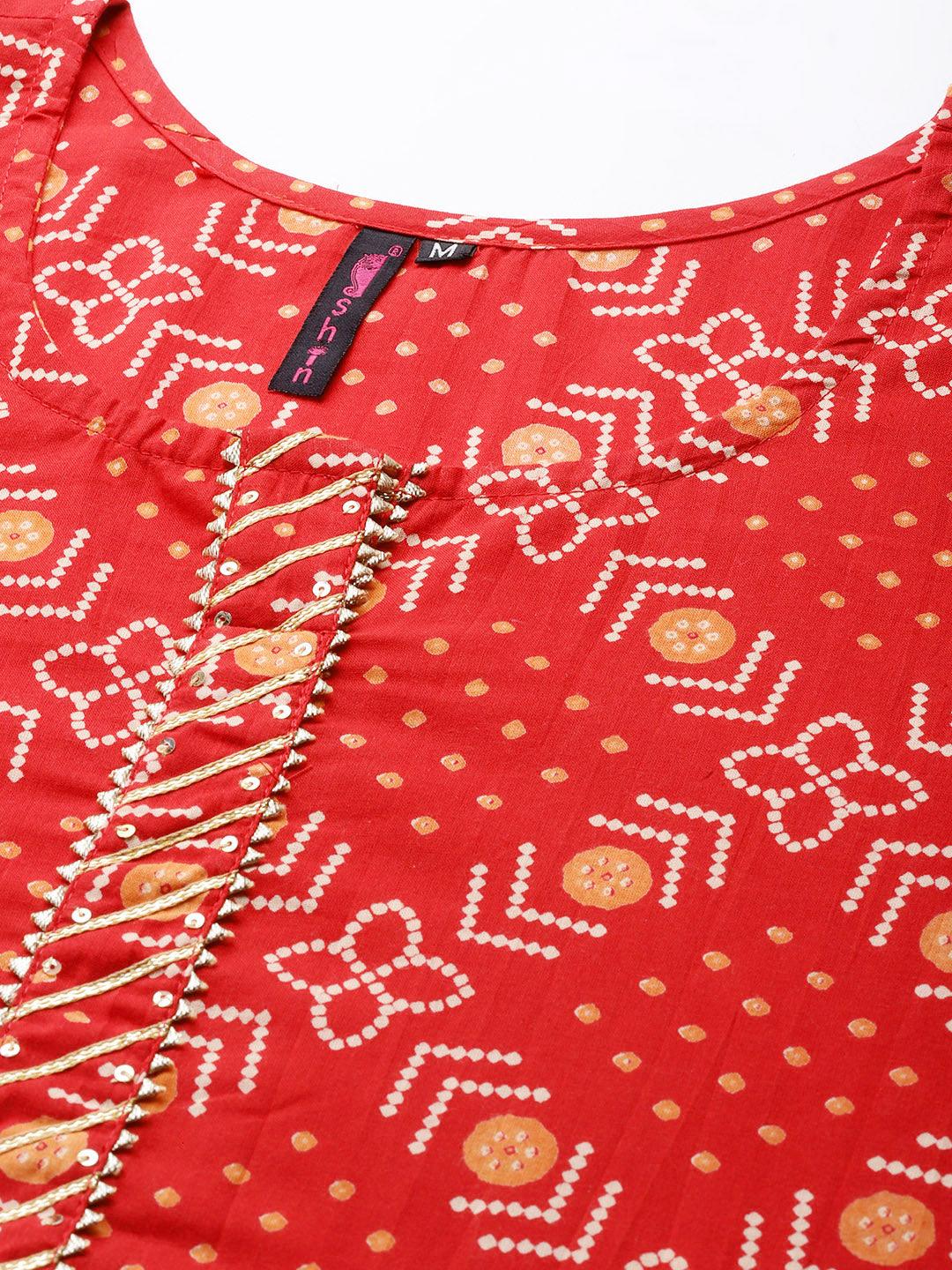 Women's Cotton Blend Red Bandhani Printed A-Line Kurta - Ishin - Indiakreations