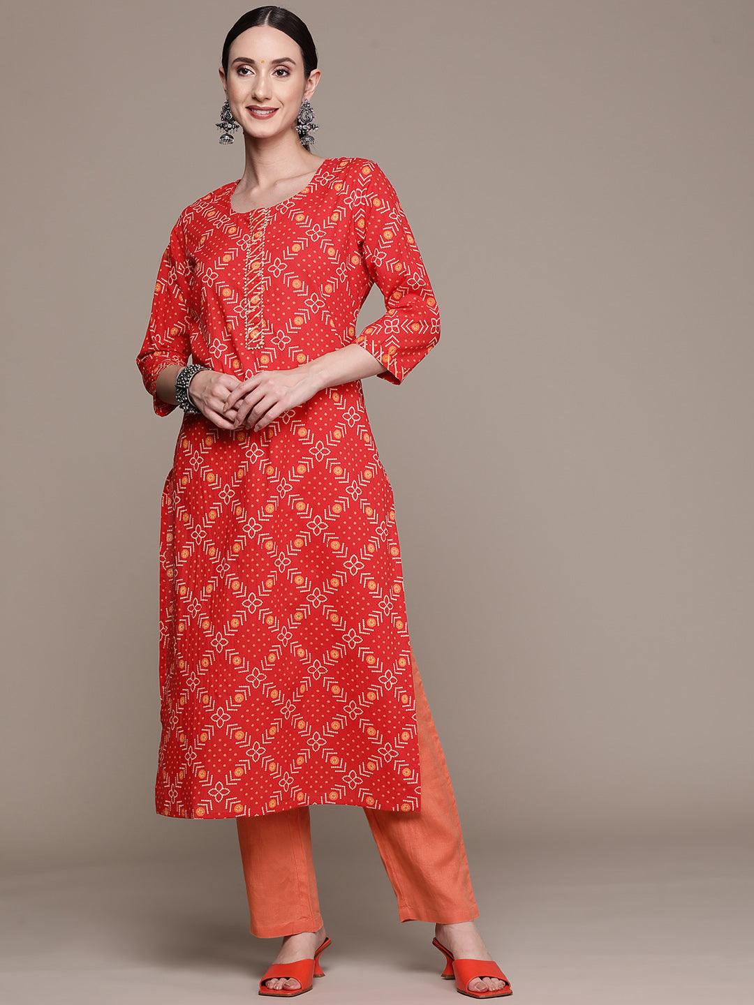 Women's Cotton Blend Red Bandhani Printed A-Line Kurta - Ishin - Indiakreations