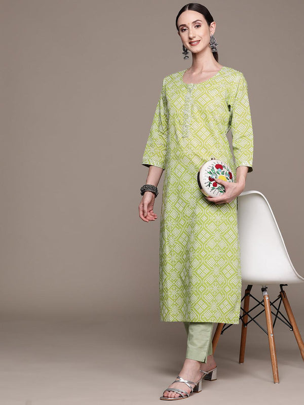 Women's Cotton Blend Green Bandhani Printed A-Line Kurta - Ishin - Indiakreations