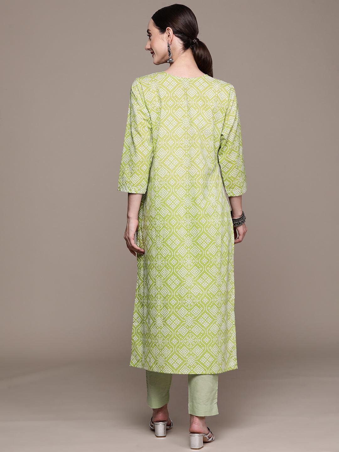 Women's Cotton Blend Green Bandhani Printed A-Line Kurta - Ishin - Indiakreations