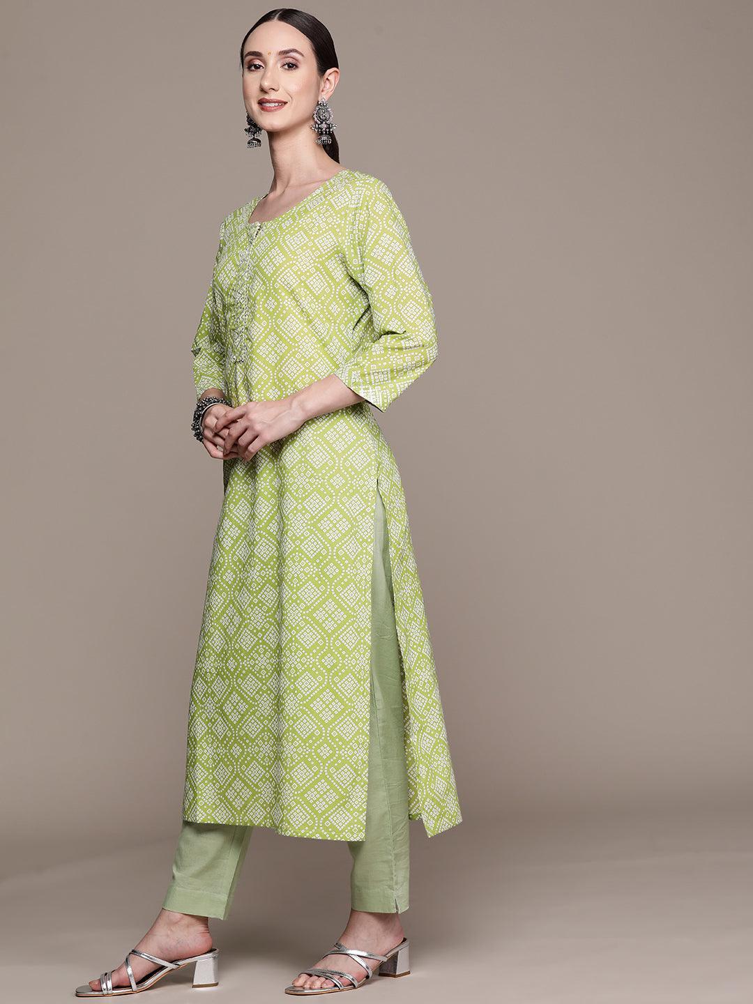 Women's Cotton Blend Green Bandhani Printed A-Line Kurta - Ishin - Indiakreations