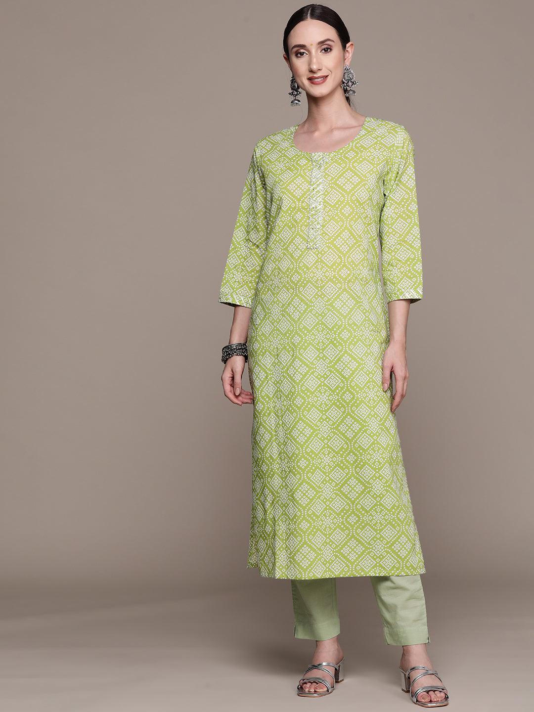 Women's Cotton Blend Green Bandhani Printed A-Line Kurta - Ishin - Indiakreations