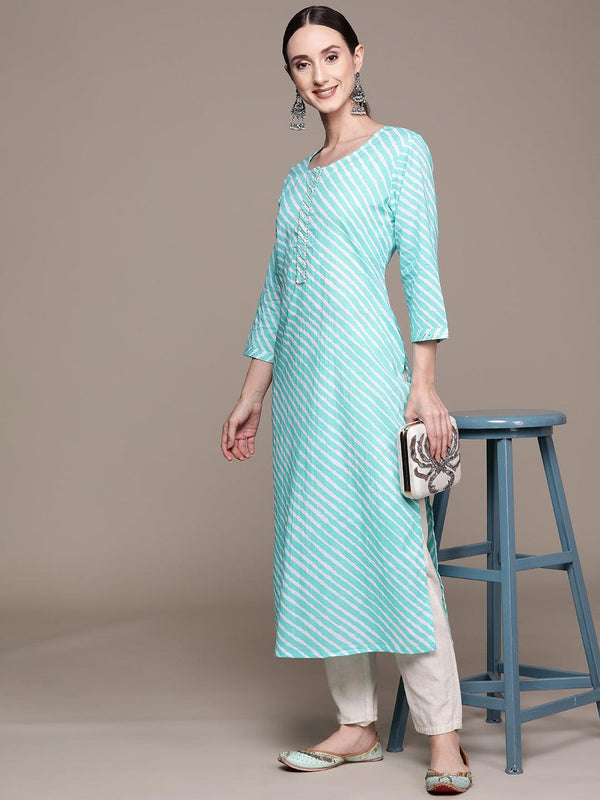 Women's Cotton Blend Sea Green Leheriya Printed A-Line Kurta - Ishin - Indiakreations