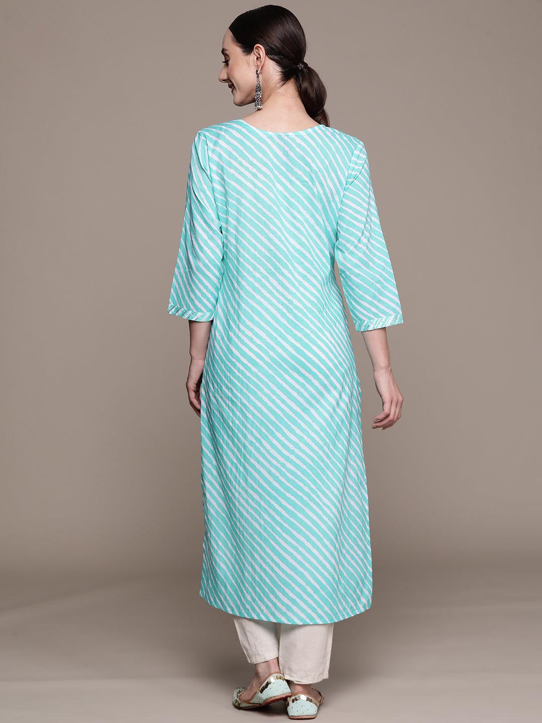 Women's Cotton Blend Sea Green Leheriya Printed A-Line Kurta - Ishin - Indiakreations