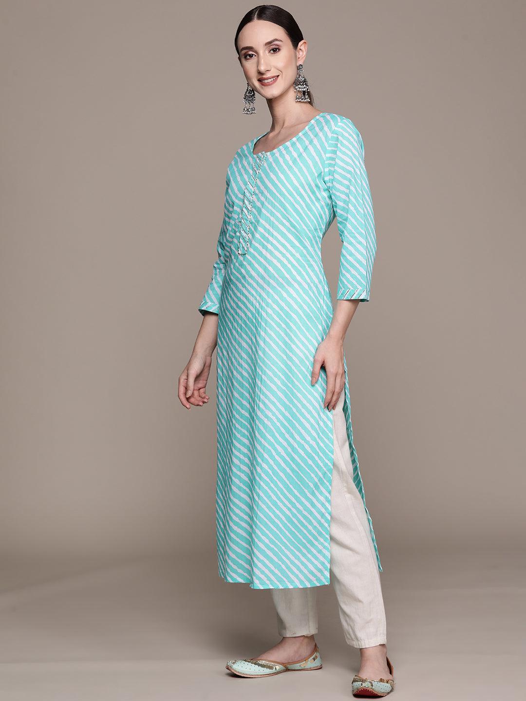 Women's Cotton Blend Sea Green Leheriya Printed A-Line Kurta - Ishin - Indiakreations