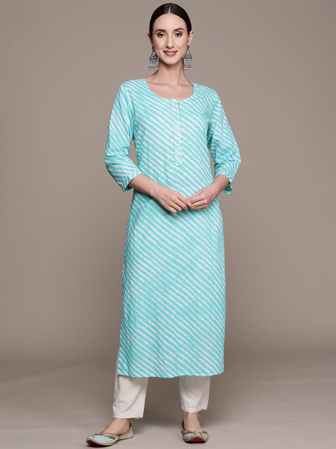 Women's Cotton Blend Sea Green Leheriya Printed A-Line Kurta - Ishin - Indiakreations