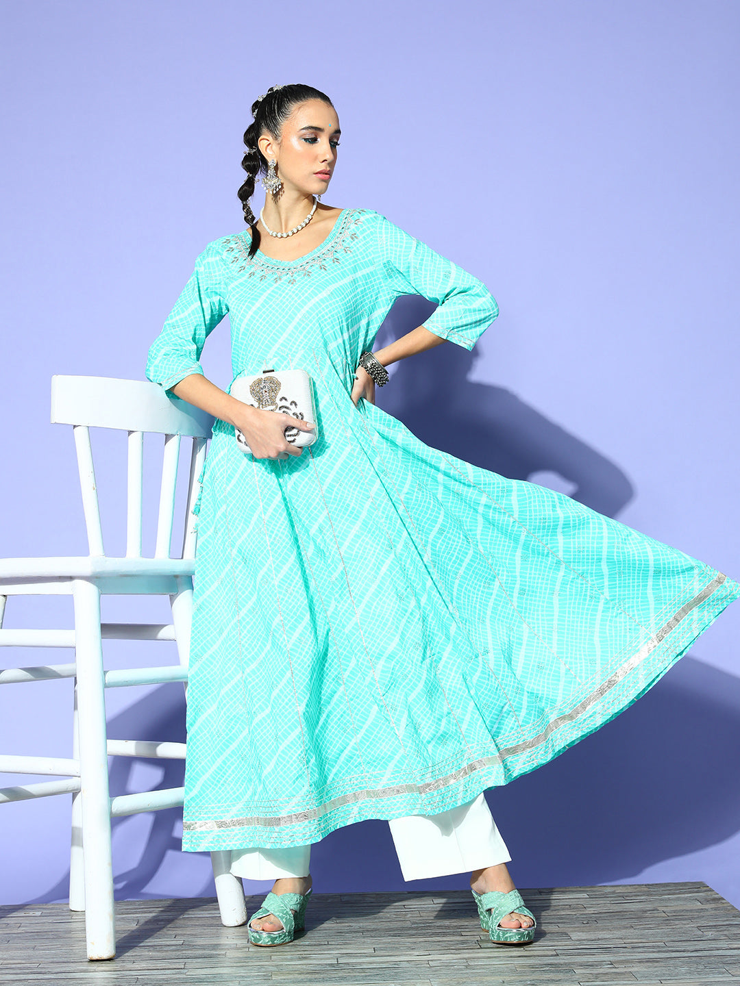 Women's Sea Green Embroidered Anarkali Kurta - Ishin