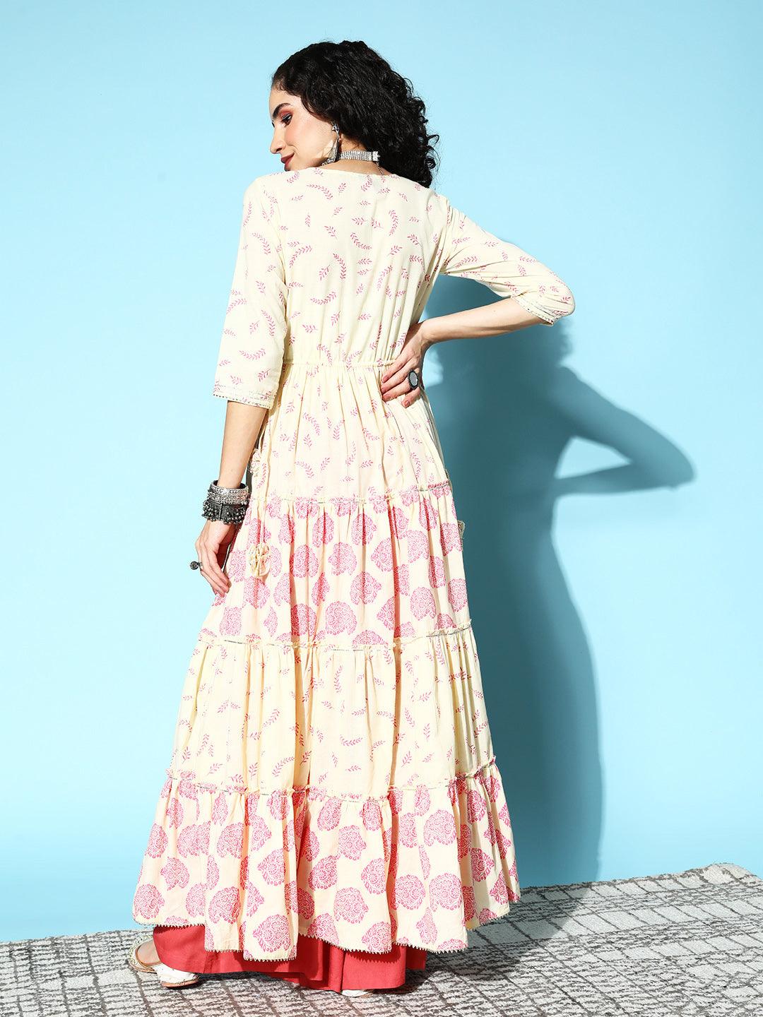 Women's Cotton Off White Embroidered Anarkali Kurta - Ishin - Indiakreations