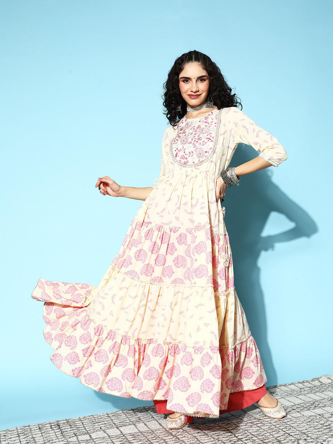 Women's Cotton Off White Embroidered Anarkali Kurta - Ishin - Indiakreations