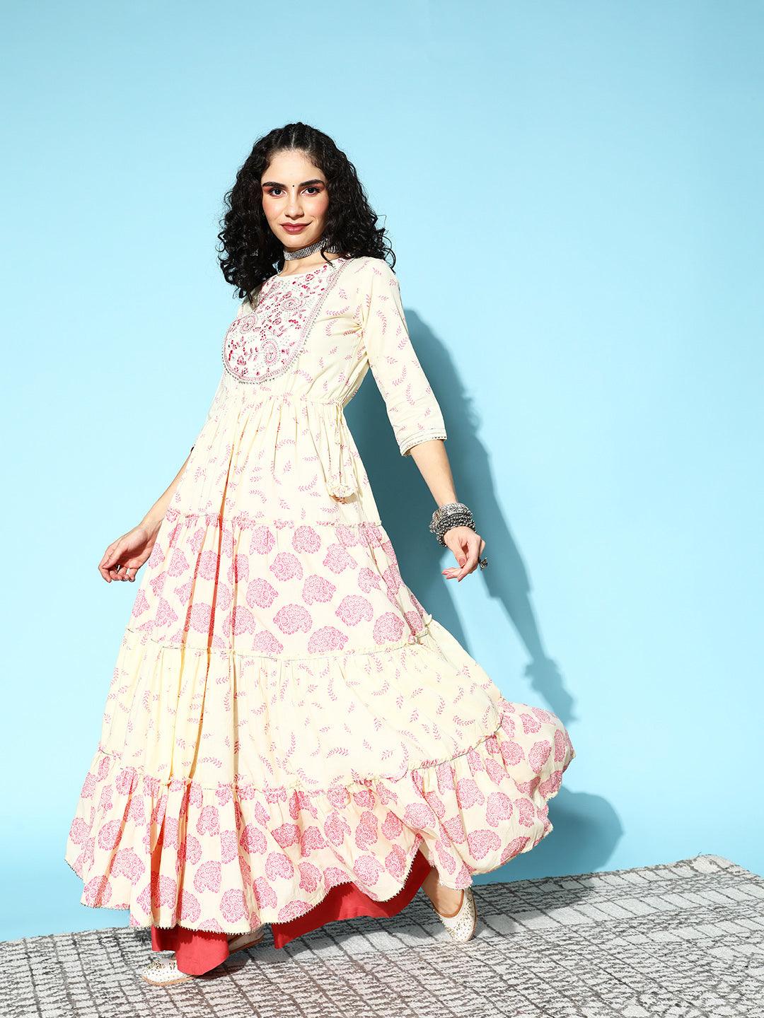 Women's Cotton Off White Embroidered Anarkali Kurta - Ishin - Indiakreations