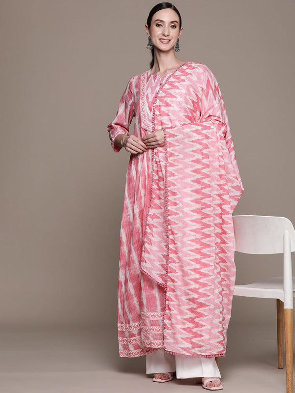 Women's Cotton Pink & White Printed Anarkali Kurta With Dupatta - Ishin - Indiakreations