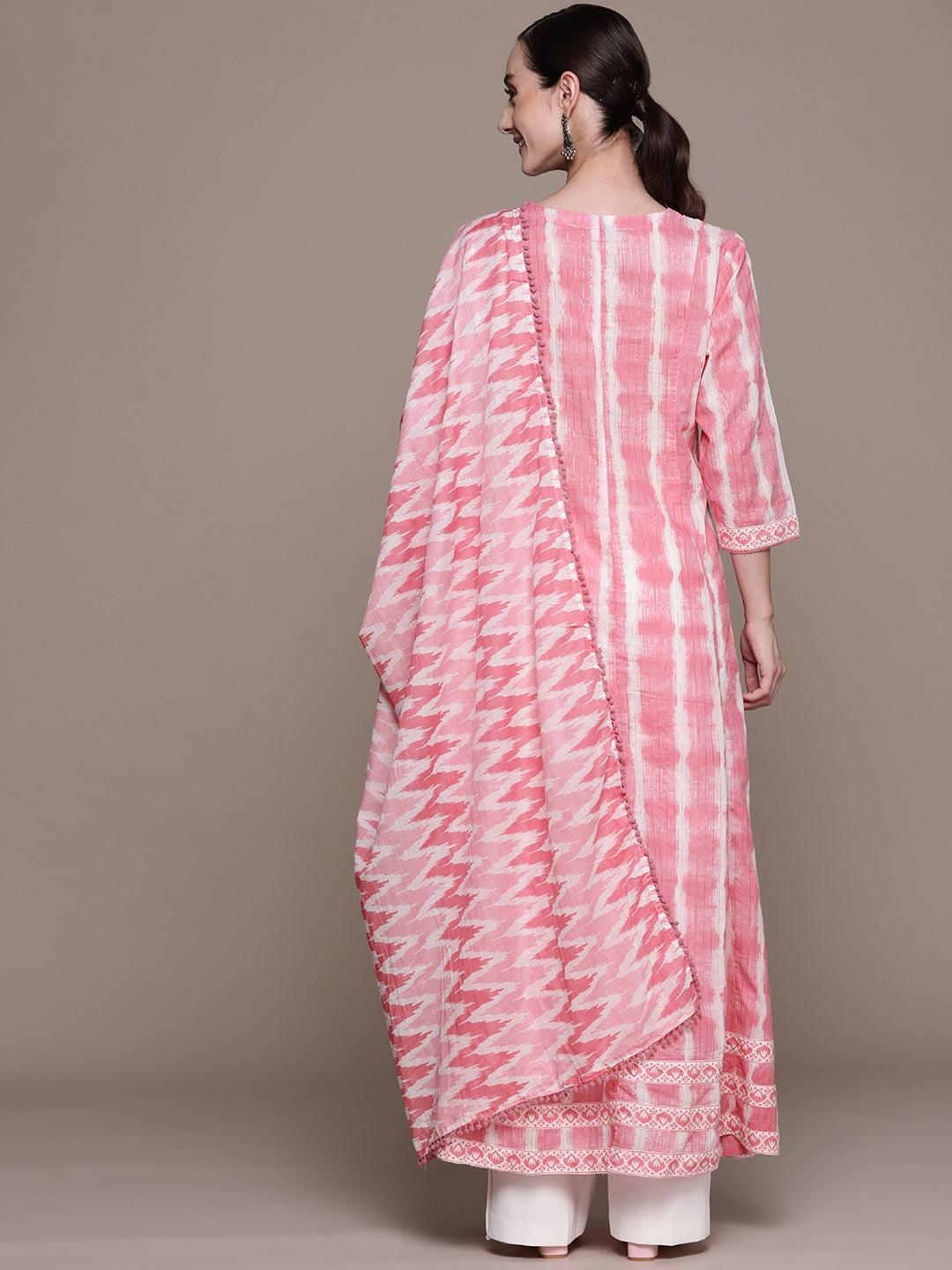 Women's Cotton Pink & White Printed Anarkali Kurta With Dupatta - Ishin - Indiakreations