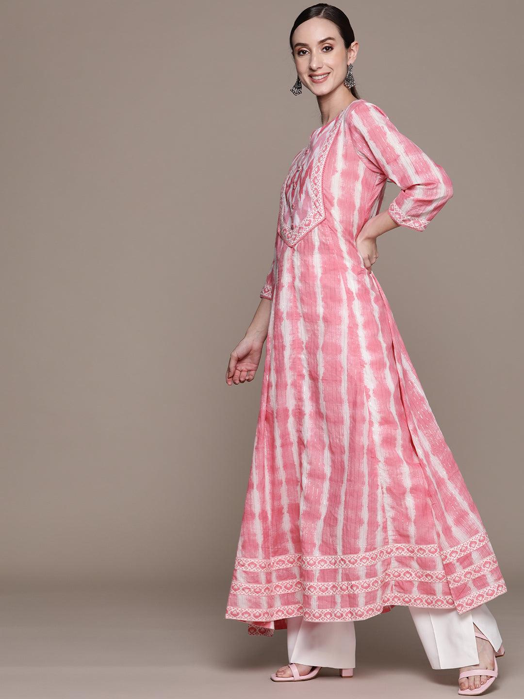 Women's Cotton Pink & White Printed Anarkali Kurta With Dupatta - Ishin - Indiakreations