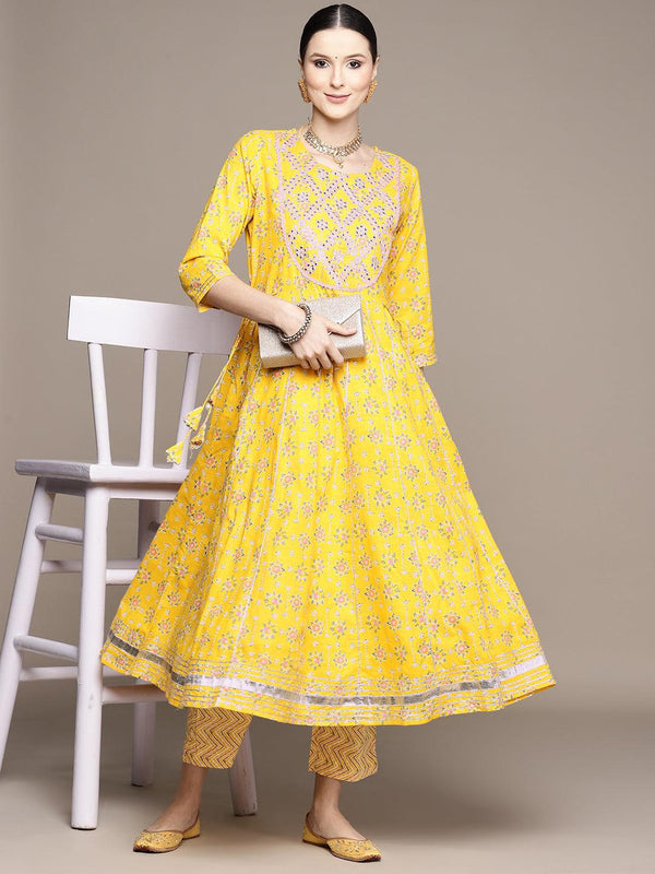 Women's Mustard Embroidered Anarkali Kurta With Trouser - Ishin - Indiakreations