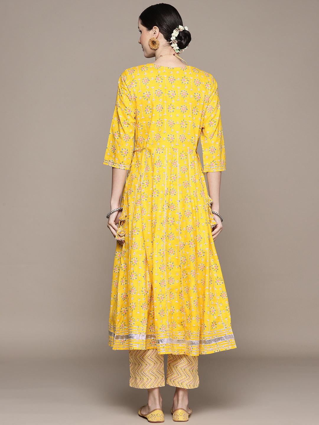 Women's Mustard Embroidered Anarkali Kurta With Trouser - Ishin - Indiakreations