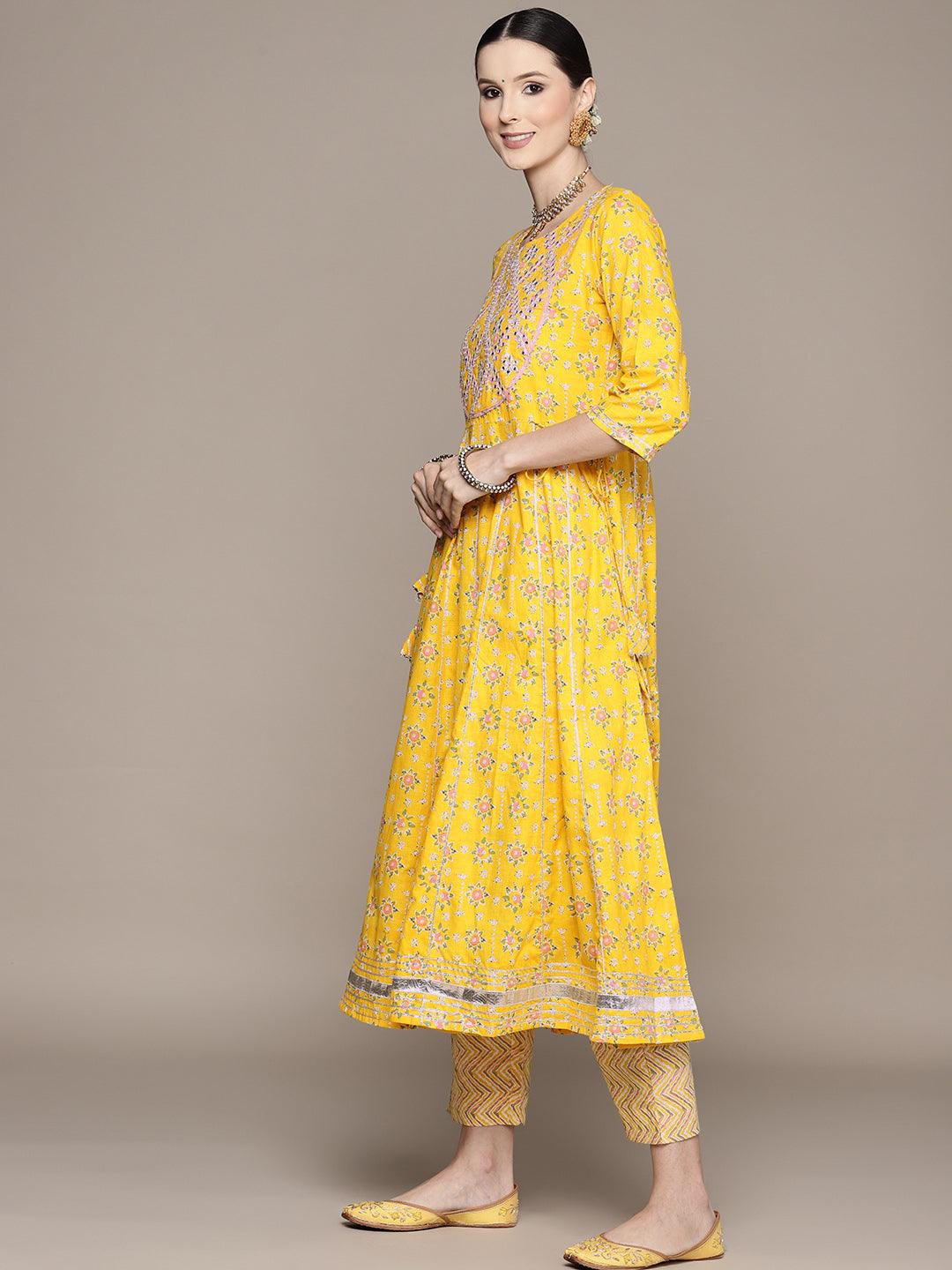 Women's Mustard Embroidered Anarkali Kurta With Trouser - Ishin - Indiakreations