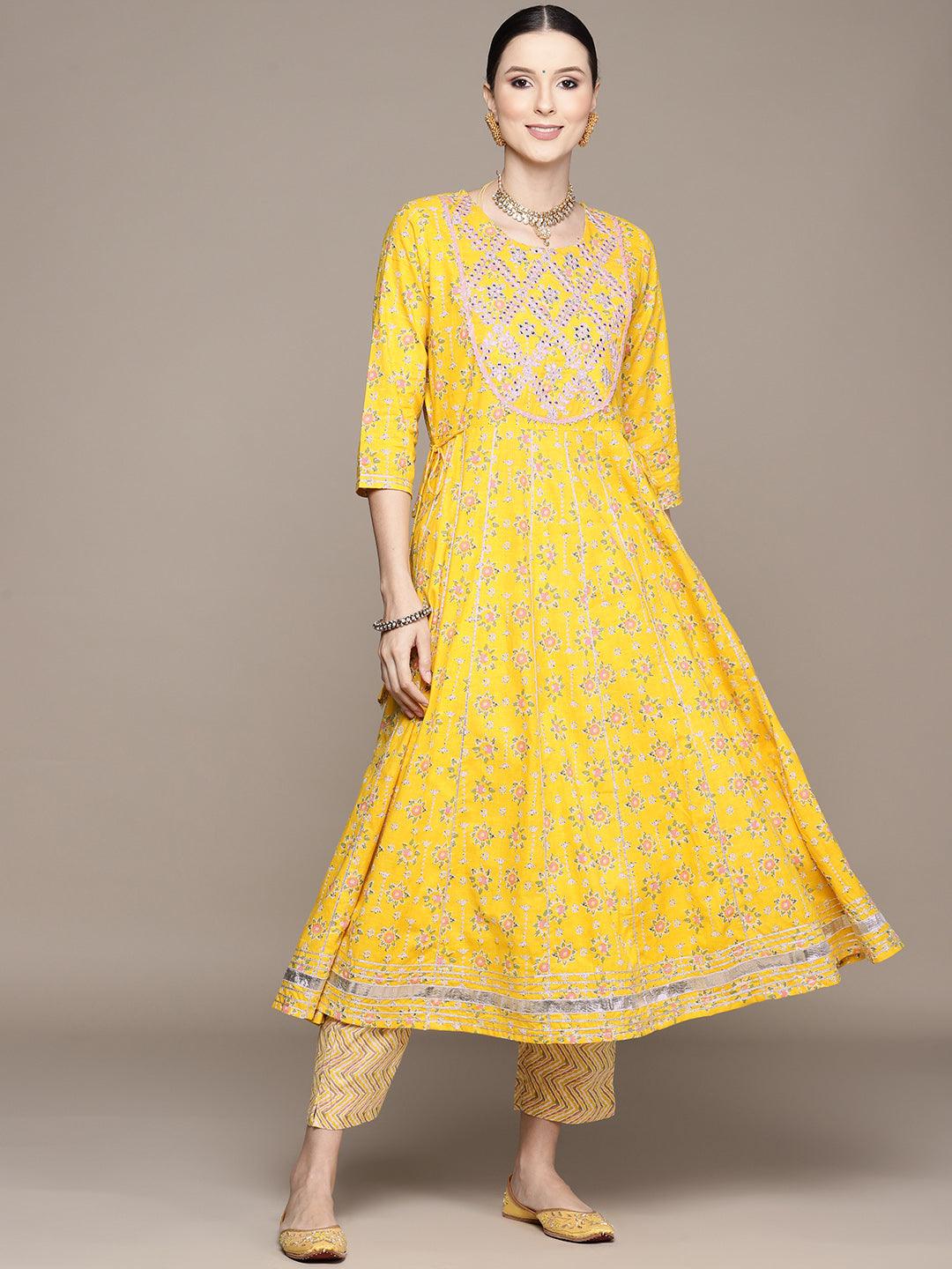 Women's Mustard Embroidered Anarkali Kurta With Trouser - Ishin - Indiakreations