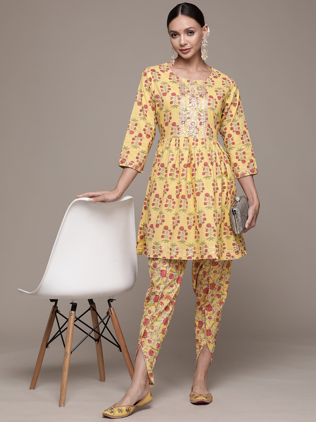 Women's Yellow Embellished Pleated Kurta With Dhoti Pant - Ishin