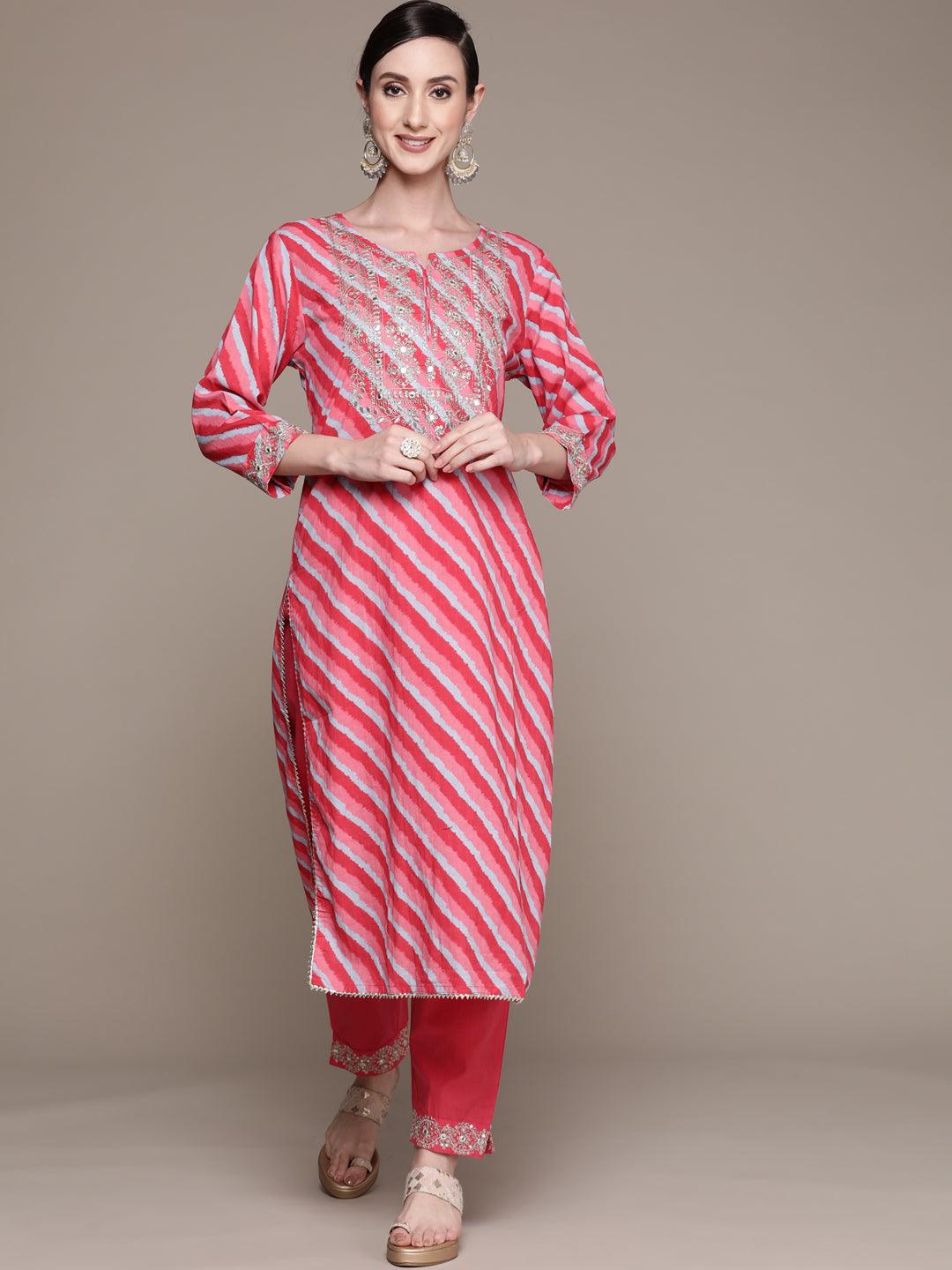 Women's Cotton Pink Embroidered A-Line Kurta Trouser Set - Ishin - Indiakreations