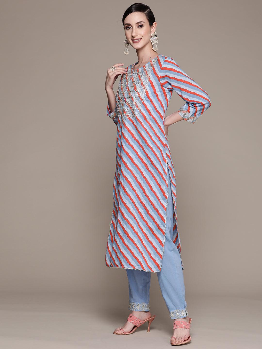 Women's Cotton Blue Embroidered A-Line Kurta Trouser Set - Ishin - Indiakreations