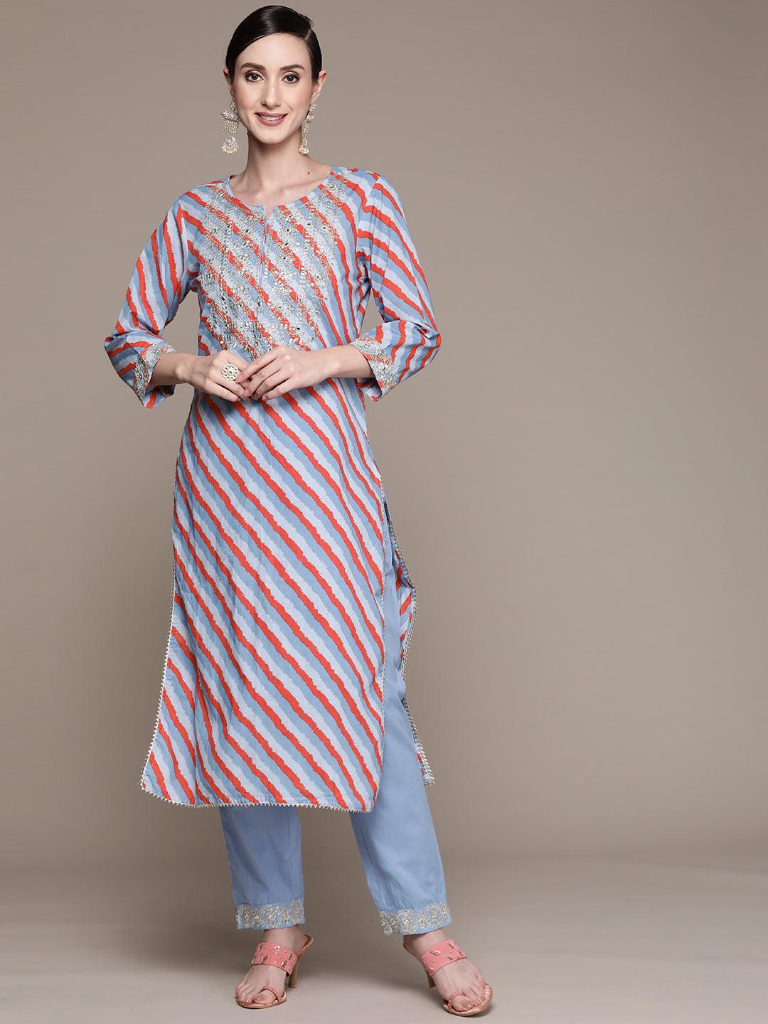 Women's Cotton Blue Embroidered A-Line Kurta Trouser Set - Ishin - Indiakreations